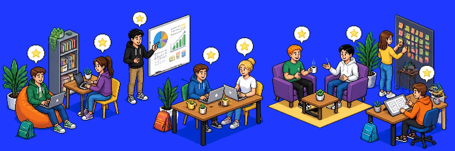 Pixel-artowa panorama społeczności startupowej: młodzi ludzie przy laptopach, pitch na tablicy, rozmowy przy kawie i wspólna praca